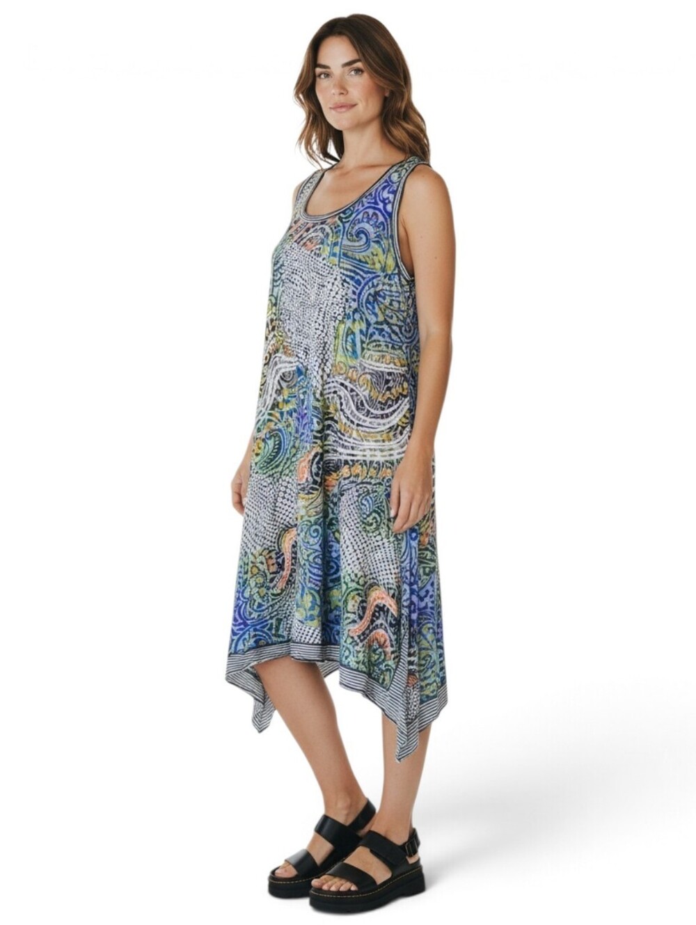 Vintage Boho Chic Sleeveless Multicolor Print A-Line Dress Hankie Hem Size 12